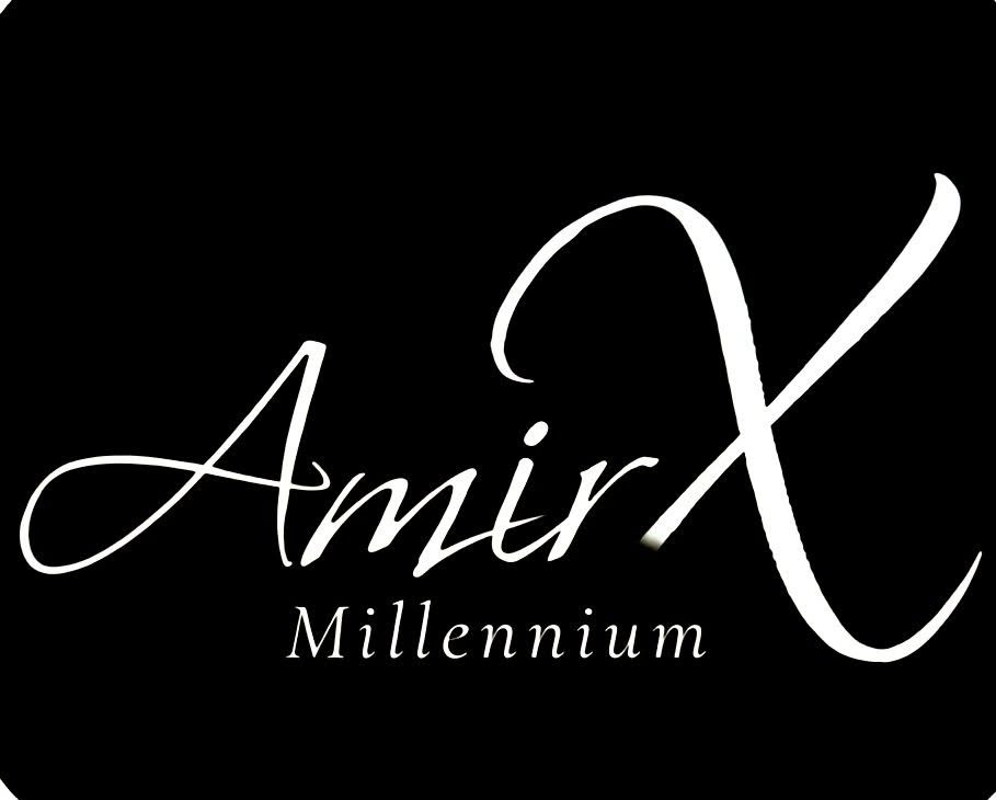 Amir X Millennium script logo, white on black